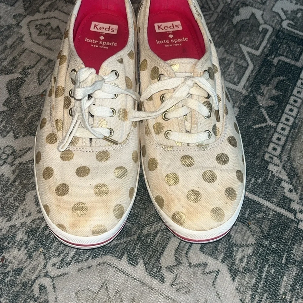 Kate Spade Keds Gold and White Sneakers with Polka Dot Design size 9.5